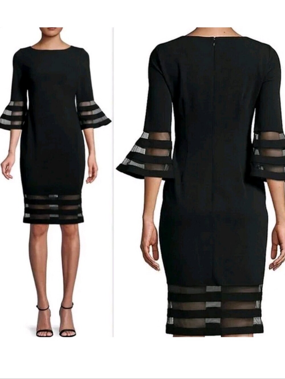 CALVIN KLEIN Mesh Illusion-trim Bell Sleeve Sheath Dress Red Black 12